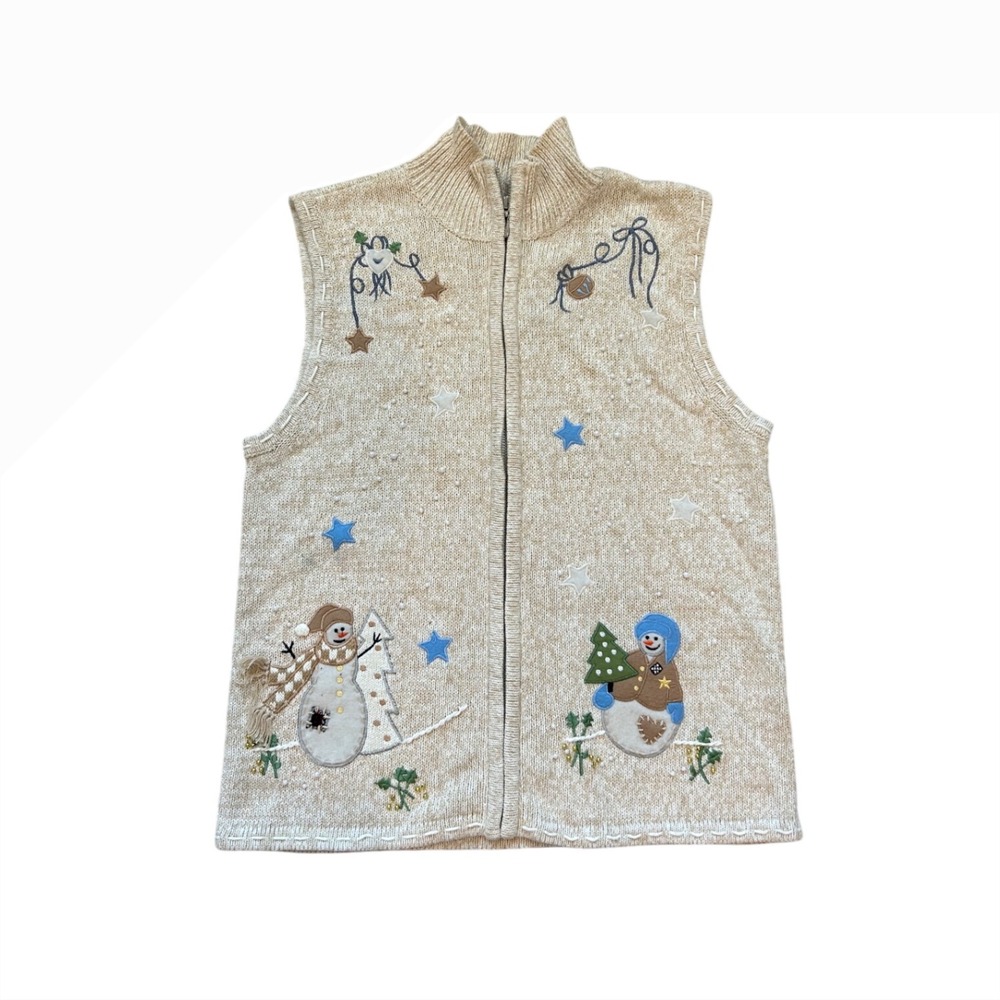 VTG Winter Snowman‎ christmas pearl zip up sweater vest S